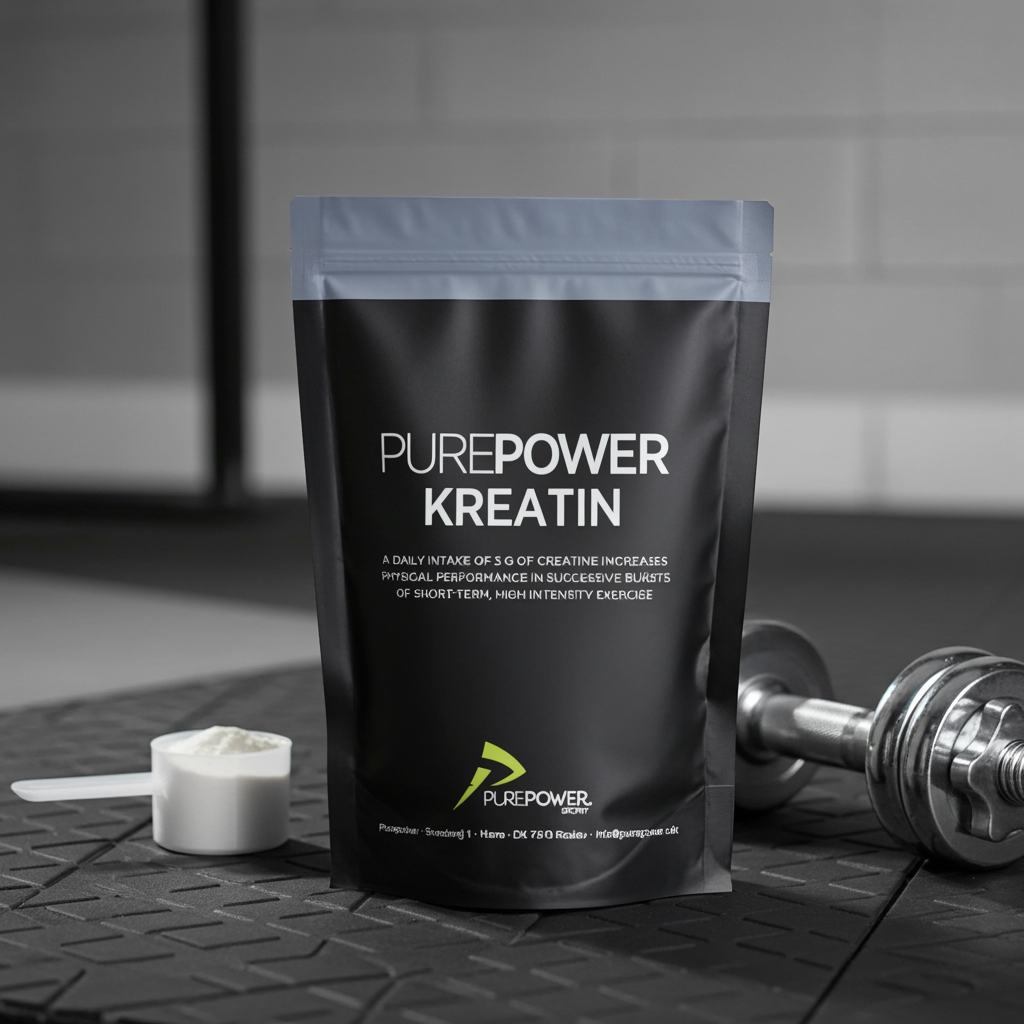 PurePower Kreatin pose med pulver og dumbbell
